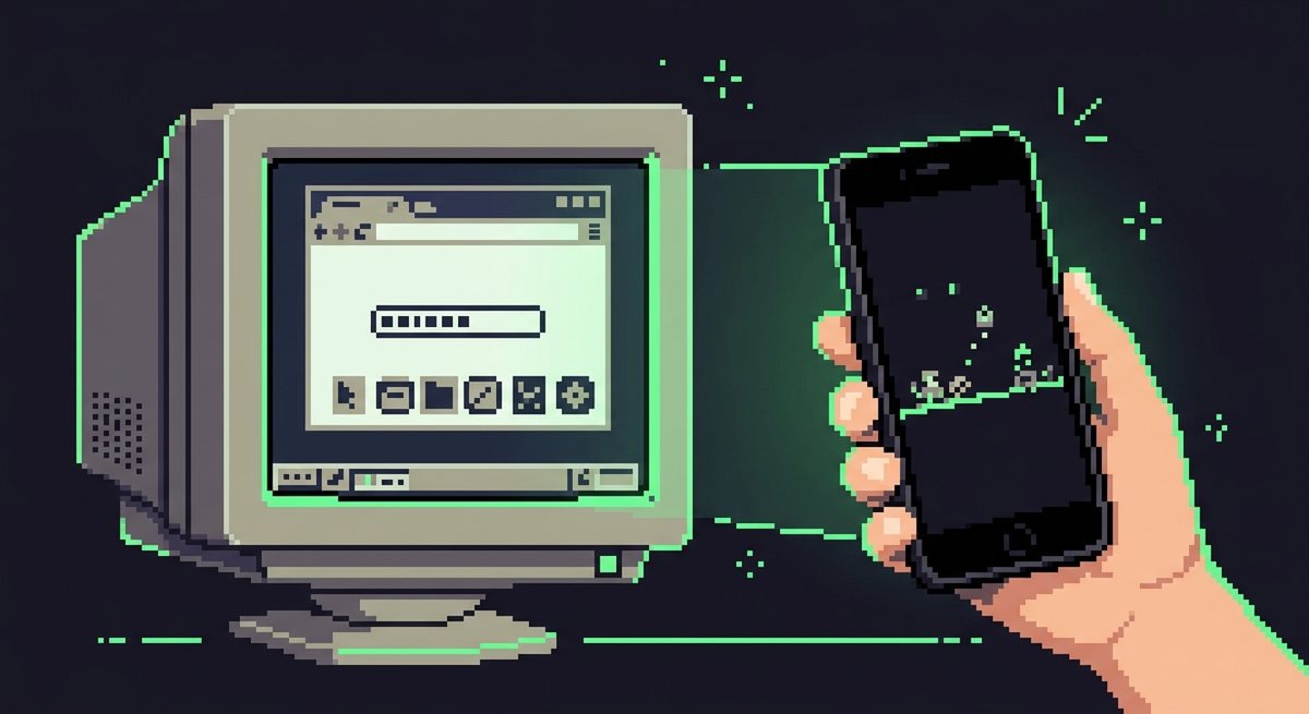 Ilustrasi pixel art layar komputer dengan jendela peramban permainan yang beralih menjadi ponsel pintar
