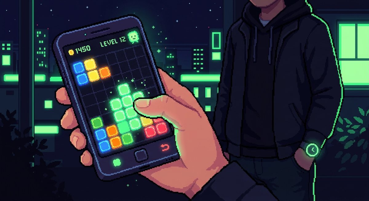 Ilustrasi pixel art tangan memegang ponsel dengan antarmuka permainan sederhana berwarna hijau