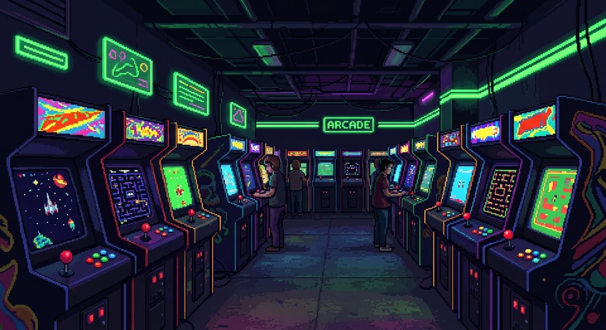Ilustrasi pixel art ruang arkade retro dengan mesin permainan bercahaya hijau di ruangan gelap