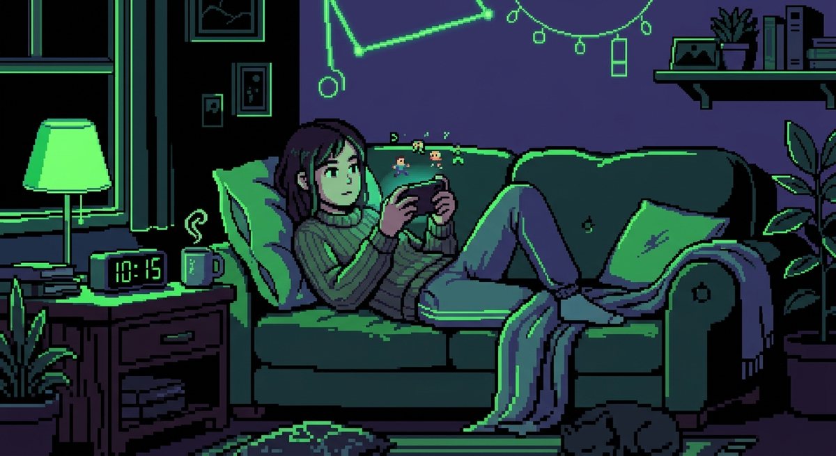 Ilustrasi pixel art seseorang duduk santai bermain ponsel dengan jam weker bercahaya di sampingnya