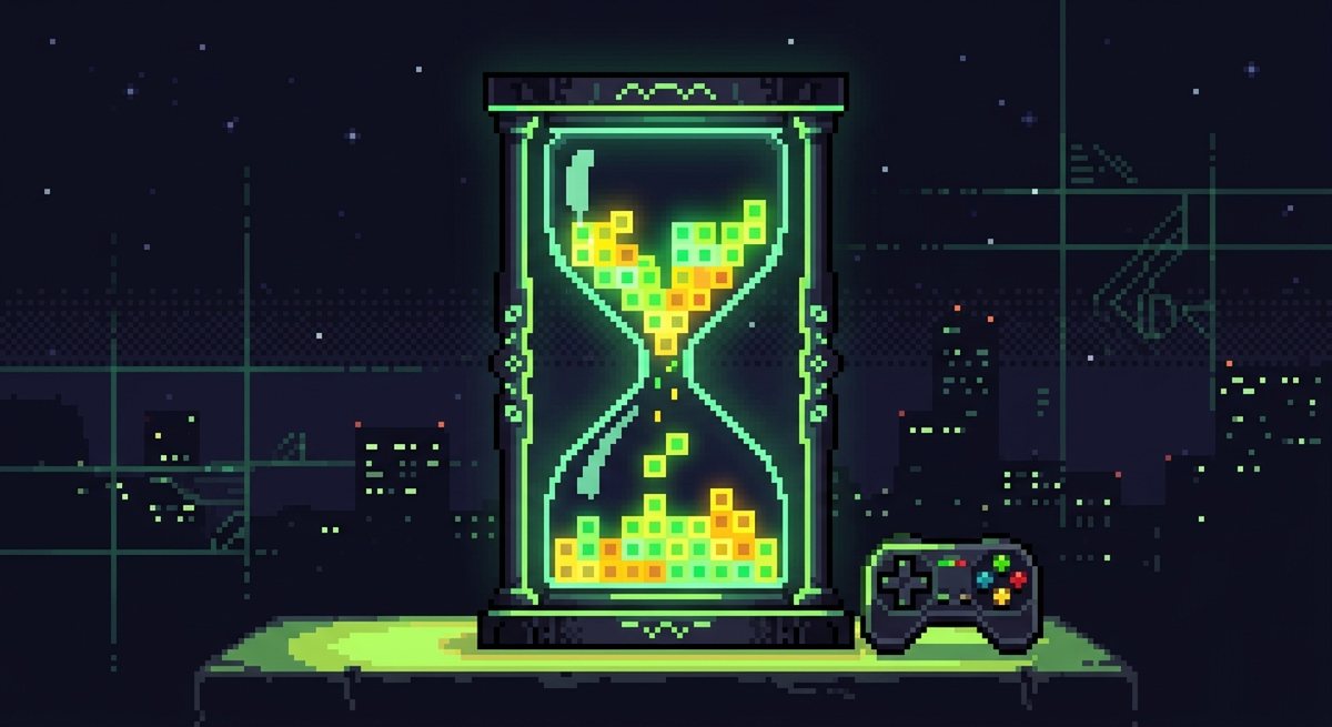 Ilustrasi pixel art jam pasir dan balok permainan di atas meja, melambangkan sesi bermain singkat